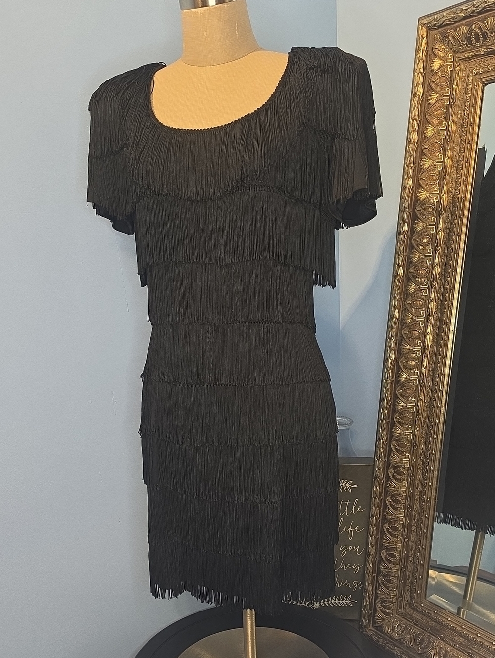 Vtg 80s Roberta Black Fringe Flapper Mini Dress ✨